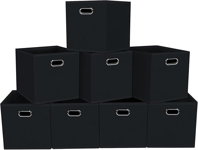 Fabric storage bins Cubes, Fabric Cube Organizer with Handle, Foldable Cube Bins for Cloth or Accessary Storage, 11x11x11, Set of 8, (Black)
