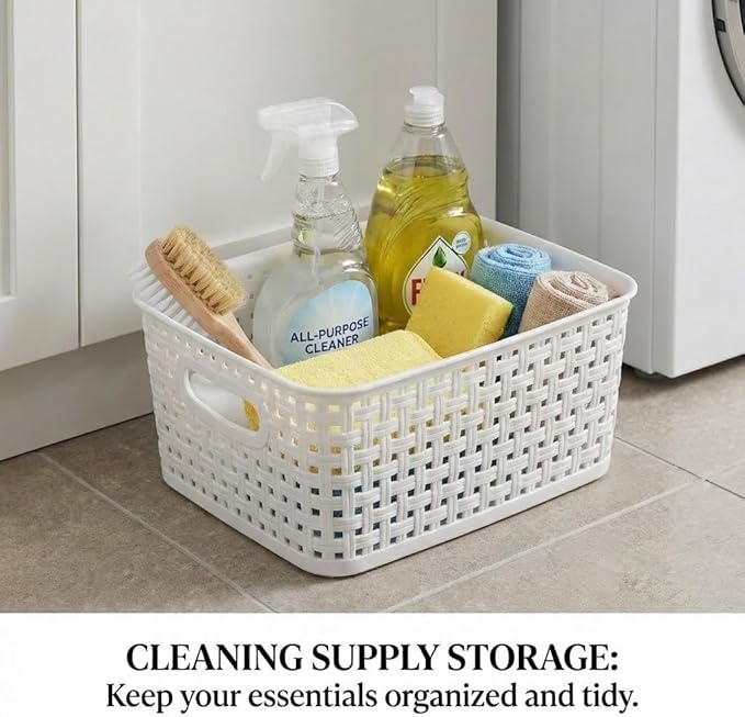 8 Pack White Storage Baskets, Plastic Woven Organizer Baskets, Stackable Shelf Baskets for Closet, Pantry & Bathroom