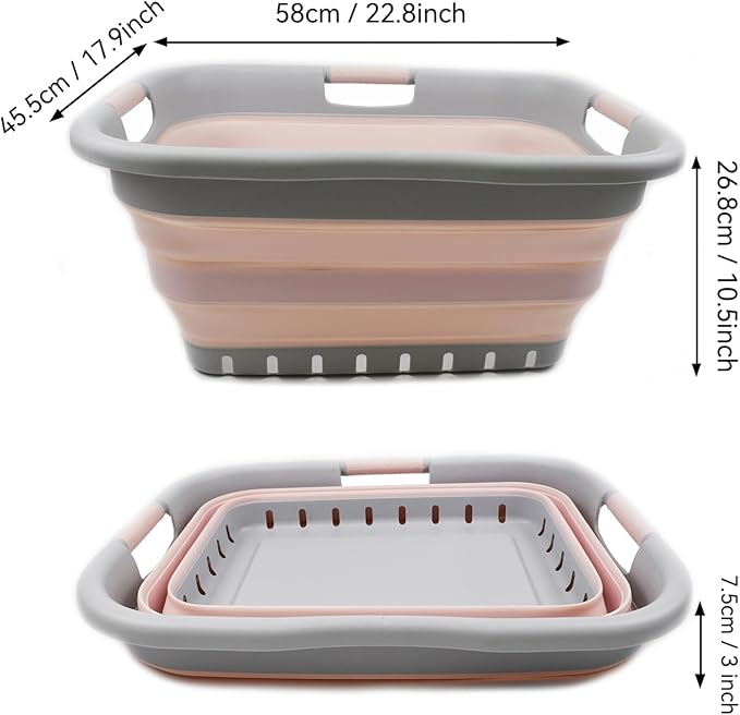 SAMMART 41L Collapsible Plastic Laundry Basket - Foldable Pop Up Storage Container/Organizer - Portable Basket - Space Saving Hamper/Basket (3 handled rectangular, Grey/Pink)