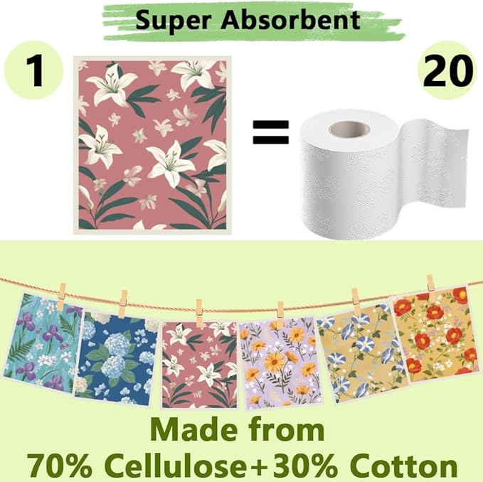 6Pcs 6 Styles Swedish Dish Cloth Floral Reusable Quick Drying Sponge 7.7 x 6.8 Inch for Kitchen Countertop Cleaning, Swedish Dishcloths Bulk Absorbent Towels for Dishes Home Tableware Use