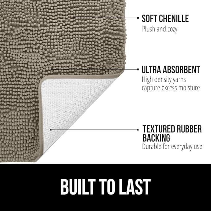 GORILLA GRIP Plush Absorbent Shaggy Chenille Bath Rug Mat for Square Toilet Base with Rubber Backing, Machine Washable Rugs, Soft Microfiber Contour Mats for Toilets, Bathroom Decor, Latte