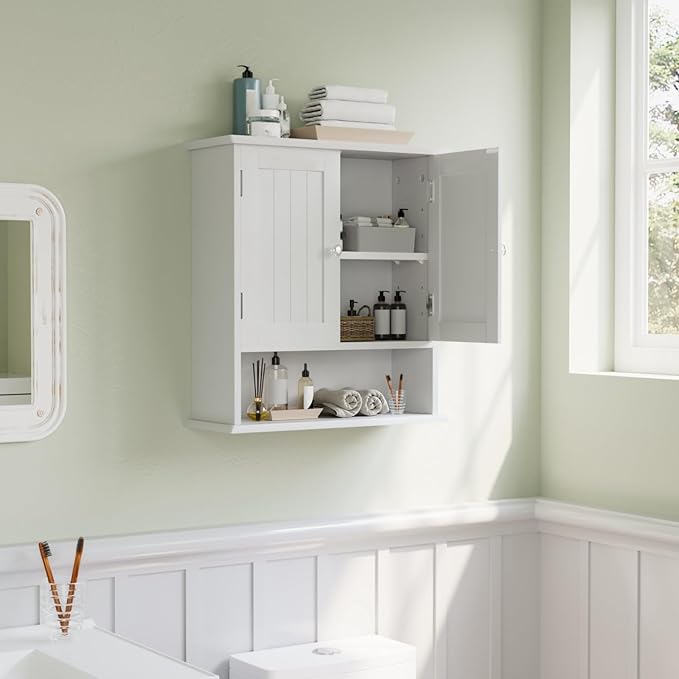 Smuxee White Bathroom Cabinet Wall Mounted, Small Bathroom Medicine Cabinet with 2 Door Adjustable Shelves, Bathroom Wall Cabinet Over Toilet for Laundry Room Kitchen