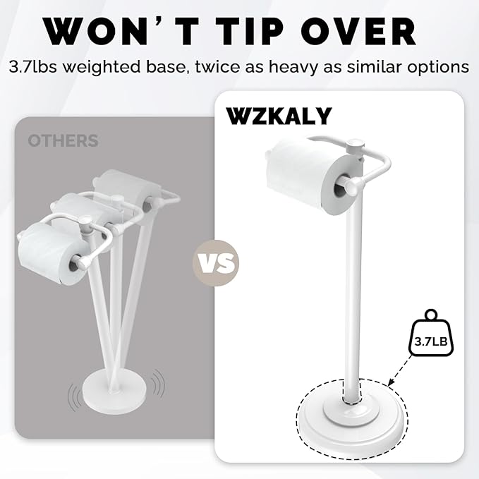WZKALY Toilet Paper Holder Stand, White Toilet Paper Holder Free Standing, Post Pivoting Design & Stable Weighted Base SUS304 Stainless Steel for Bathroom (Mega Roll)