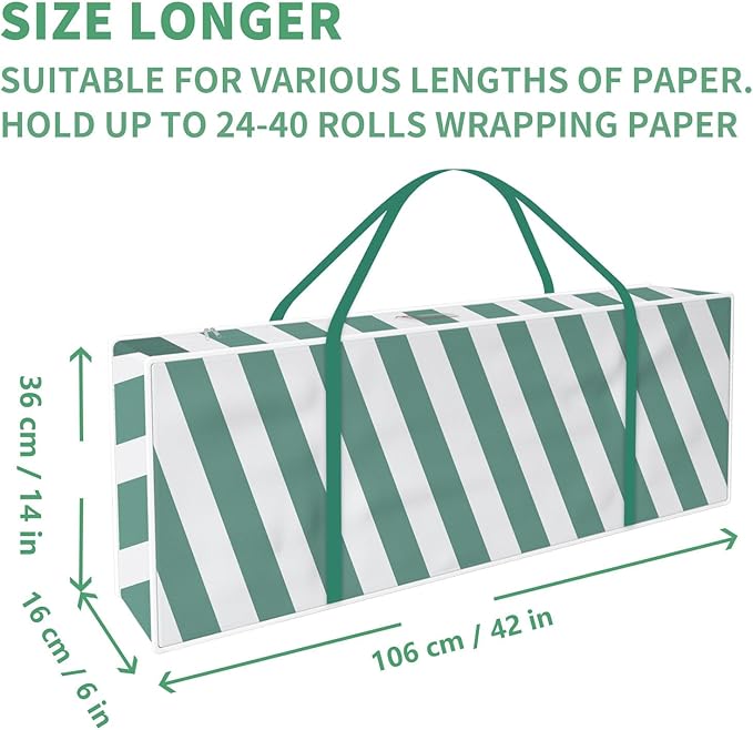 Safana Wrapping Paper Organizer Storage Bag, 42" Durable 600d Oxford Wrapping Organizer Box Under Bed Storage Containers for Decorations Paper Rolls, Ribbons, Balls, Bows (Green Stripe)