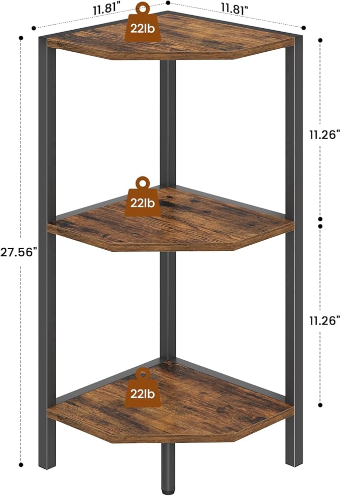 Corner Shelf, 3-Tier Industrial Corner Bookshelf with Metal Frame, Multipurpose Corner Display Rack for Living Room Kitchen Bedroom Office Organization and Storage, Rustic Brown