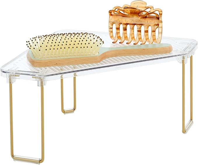 mDesign Plastic/Steel Corner Stackable Rack, Storage Organizer Shelf for Bathroom, Vanity, Countertop, Sink, Cabinet, Holds Makeup, Shower Accessories, Ligne Collection - 2 Pack - Clear/Soft Brass