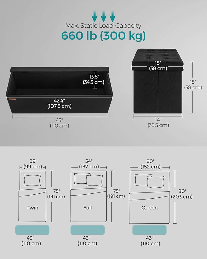 SONGMICS Mazie Collection - 43 Inches Storage Ottoman, Foldable Storage Bench with Flipping Lid, 660 lb Load Capacity, for Entryway, Living Room, Bedroom, Ink Black ULSF076B01