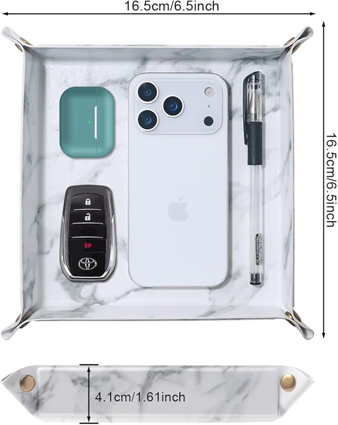 WAYIFON Valet Tray Desktop Storage Organizer – Premium PU Leather Catchall Bedside Vanity Tray Nightstand Caddy Holder for Remote Controller, Keys, Phone, Wallet, Coin, Jewelry,Marble White