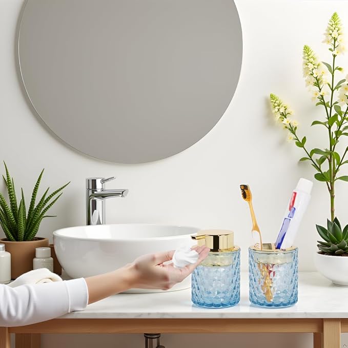 Bathroom Accessories 2 Piece Set Glass Soap Dispenser and Toothbrush Holder, 10oz Foaming Soap Dispenser, Blue Toothbrush and Toothpaste Holder Organizer Cup for Modern Bathroom Decor