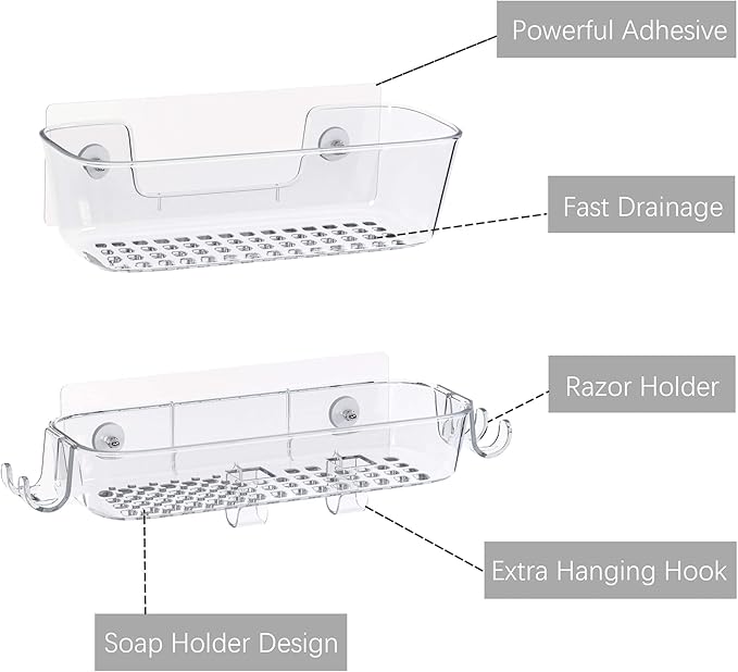 TZAMLI Clear Shower Caddy, Adhesive Shower Organizer Rustproof Shelf with Razor Holder and Hook, Wall Mounted Shelves Rack for Bathroom Kitchen Storage, 2 Pack