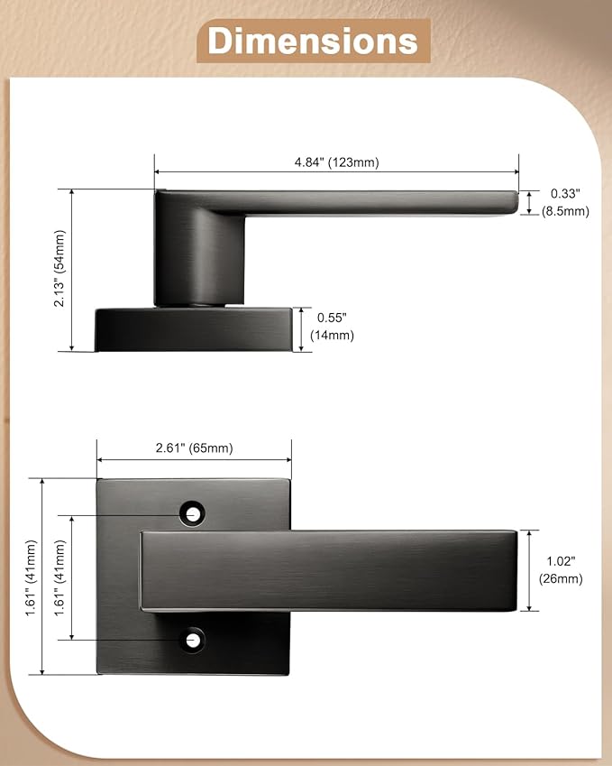 Probrico 2 Pack Half Dummy Non-Turning Grey Door Handles, Gunmetal Black Single Square Lever for Interior Doors