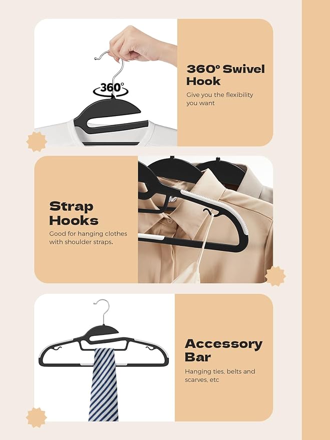 HOUSE DAY Heavy Duty Plastic Hangers 100 Pack, Black Slim Clothes Hangers Space Saving, Non Slip Hangers with Rubber Pads, Durable Coat Hangers for Closet, S-Shaped Hanger for Shirt, Suit, Pant, Skirt
