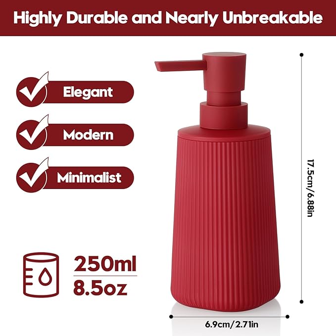 Small Soap Dispenser for Bathroom and Kitchen, Modern Farmhouse Striped Style Plastic Hand Soap Dish Soap Dispenser with Pump Matte Red