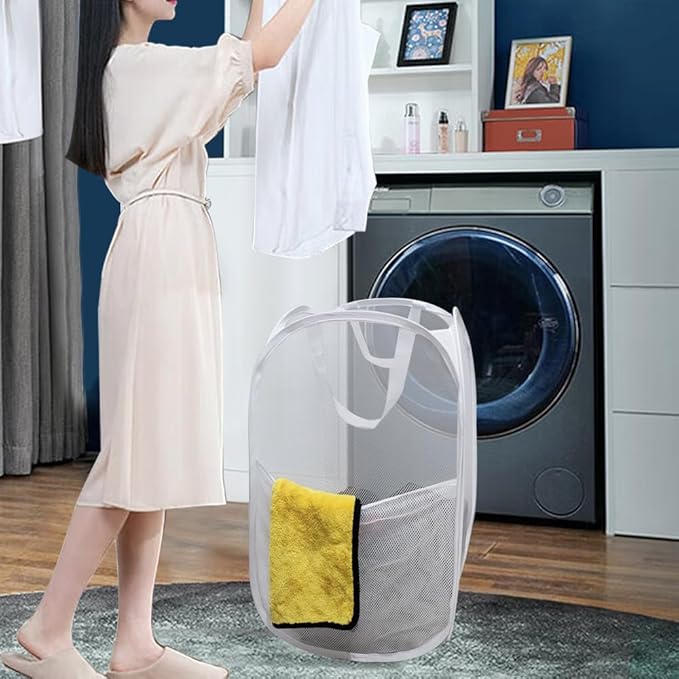 Pop Up Laundry Hamper, Reinforced Mesh Laundry Basket with Handles, Collapsible Clother Hamper with Side Pocket for Home, College Dorm, Travel - White Vertical Storage Basket