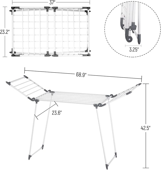 YUBELLES Clothes Drying Rack, Gullwing Laundry Rack, Collapsible, Space-Saving Laundry Rack, with Sock Clips, for Clothes, Towels, Linens, Indoor/Outdoor