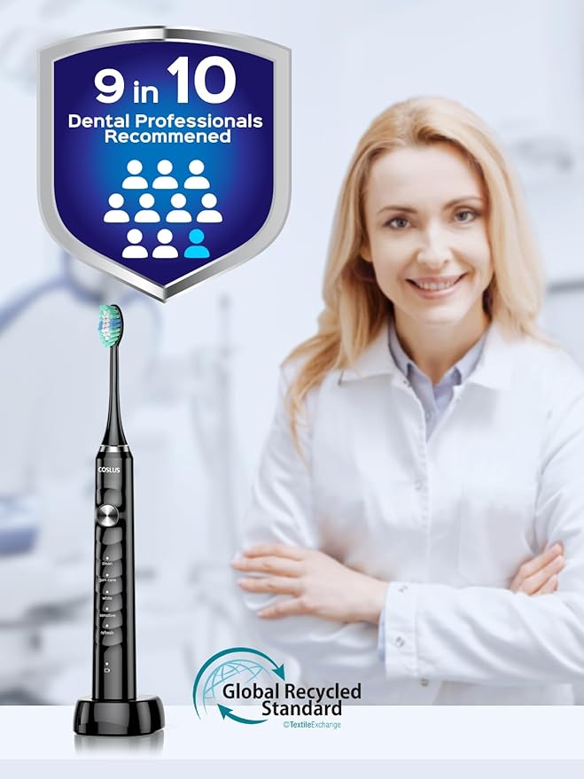 COSLUS Sonic Electric Toothbrush for Adults C40(DY-108Pro): 47000 VPM for Deep Cleaning with Travel Case - 5 Modes for Sensitive Teeth & Brace, Wireless Charging, 6 Brush Heads for Family, Black (1PC)