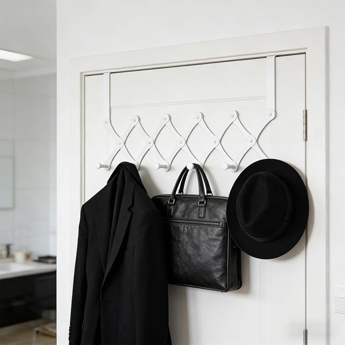 SCUNDA Expands Over The Door Hook Rack, Heavy Duty No Drill Hooks for Bathroom, Bedroom, Kitchen, Closet - Over The Door Hanger for Towels, Robes, Bags, Coats(White)