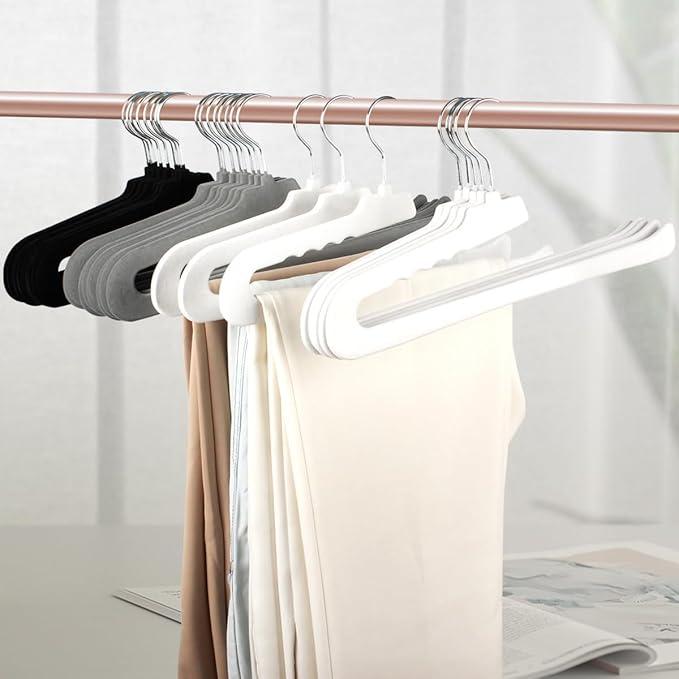 Velvet Pants Hangers - 32 Pack White Non Slip Felt Slim & Sleek Heavy Duty Space Saving Closet Hangers with 360 Swivel Hook for Trousers, Shorts, Jeans, Suits, Towels