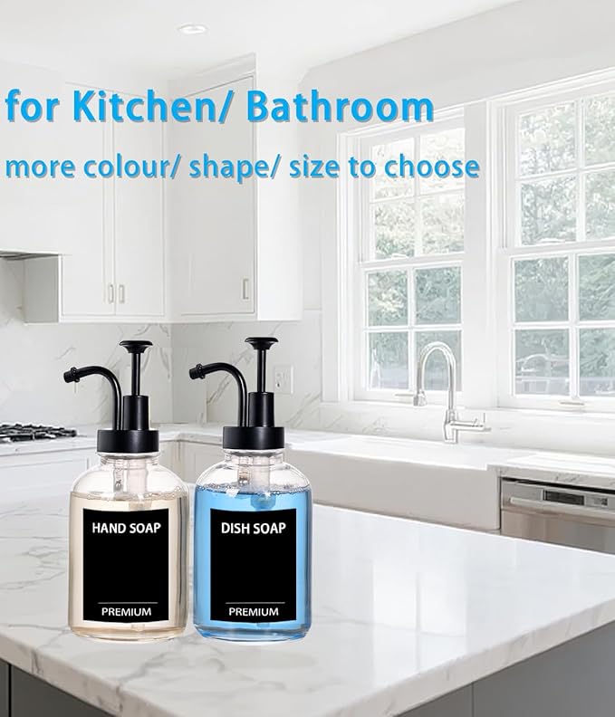 12oz Dish Soap Dispenser for Kitchen, Hand Glass Soap Dispenser Set with Pump, Tray, Funnel for Bathroom, Shower, Laundry, Liquid, Lotion (Black 2 Pack Clear Bottles with 12 Stickers)