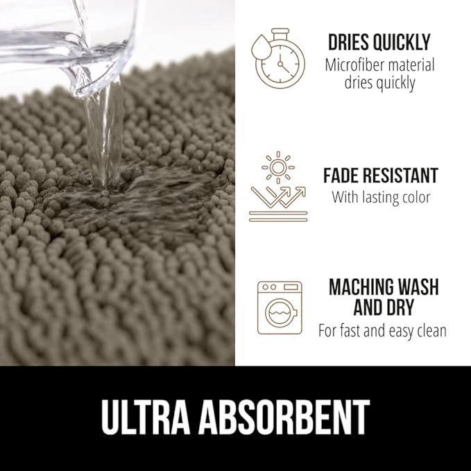 GORILLA GRIP Bath Rug Mat 30x20, Thick Soft Absorbent Chenille, Quick Dry Microfiber Mats, Rubber Backing Washable Shower Floor Rugs, US Designed Bathroom Bathmat Home Decor Accessories, Latte