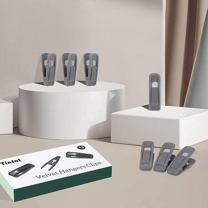 Tinfol Gray Velvet Hanger Clips 24 Pack, Non-Slip Flocked Clips for Pants, Skirts, Suits - Strong Finger Clips with Large Opening, Perfect for Slim-Line Velvet Hangers