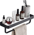 15.7 Inch Bathroom Tempered Glass Shelf with Towel Bar,Wall Mounted Aluminum Shower Organizer,Over Toilet Storage Cabinet,Matte Black,Kitchen Rectangular Vanity Rack