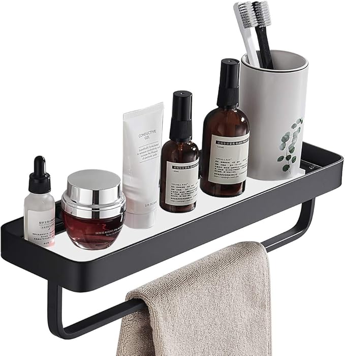 15.7 Inch Bathroom Tempered Glass Shelf with Towel Bar,Wall Mounted Aluminum Shower Organizer,Over Toilet Storage Cabinet,Matte Black,Kitchen Rectangular Vanity Rack