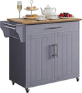 Kitchen Storage Island, Wooden Rolling Kitchen Island On Wheels with Countertop, Mobile Kitchen Island Cart with Towel Rack, Spice Rack and Drawers, Grey