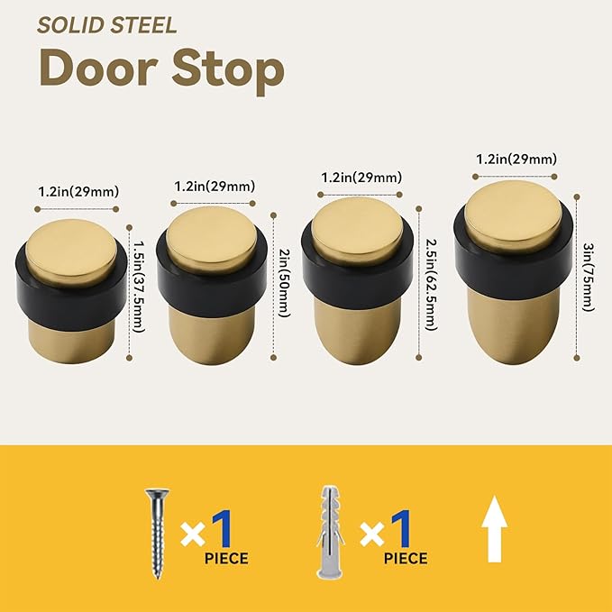 KHTUMEWARE 10 Pack 1-1/2 in Floor Door Stopper,Satin Brass Door Stop,Wall Protector Commercial Door Bumper Wedge Decorative Cylindrical Install Door stoppers on The Floor