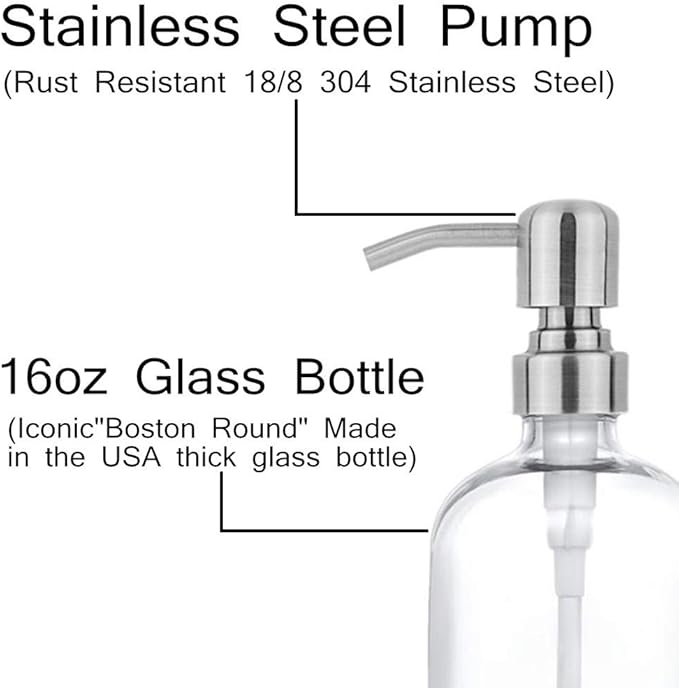 2 Pack Thick Clear Glass Pint Jar Soap Dispenser with Silver Stainless Steel Pump, 16ounce Clear Boston Round Bottles Dispenser with Rustproof Pump for Essential Oil, Lotion Soap
