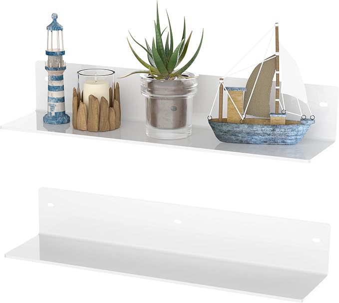 16 Inches White Acrylic Shelves, Wall Hanging Spice Rack, Wall Organizer Storage Shelf for Kitchen, Dining Room, Living Room, Bedroom, Bathroom, 2 Pack