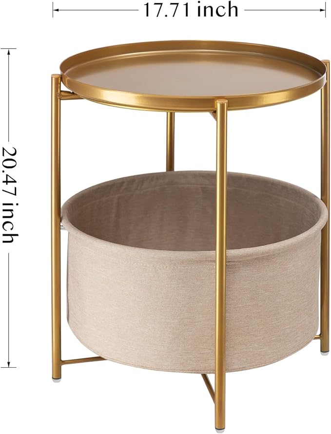 danpinera Round Side Table with Fabric Storage Basket, Pack of 2, Metal Side Table Small Bedside Table Nightstand with Removable Tray Top for Living Room, Bedroom, Nursery, Laundry, Gold