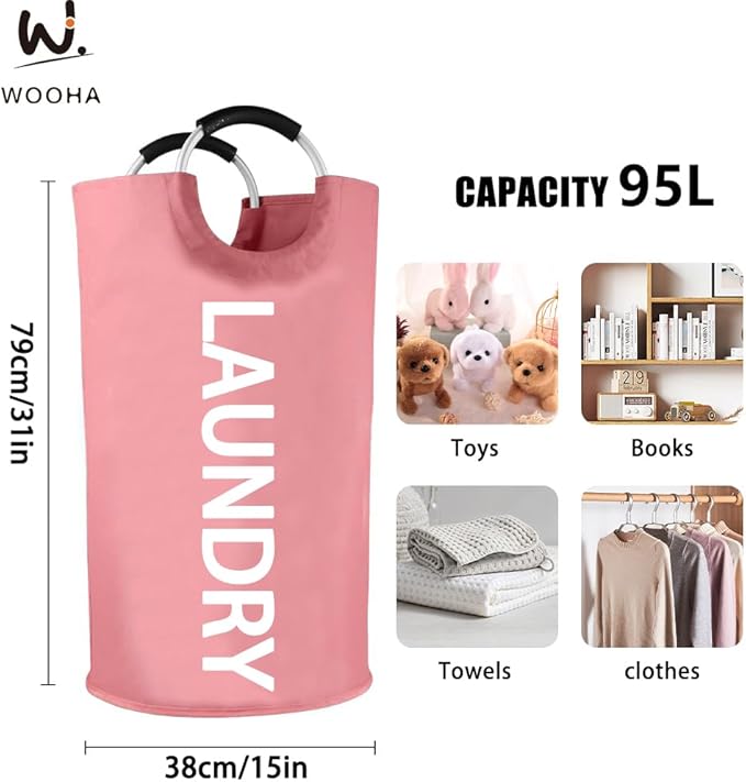 WOOHA 95L Large laundry basket,Collapsible laundry hamper, Tall Clothes Baskets Folding Washing Bin Foldable Fabric Hamper Bags for Bedroom, Closet,Bathroom,College,laundry bag,pink
