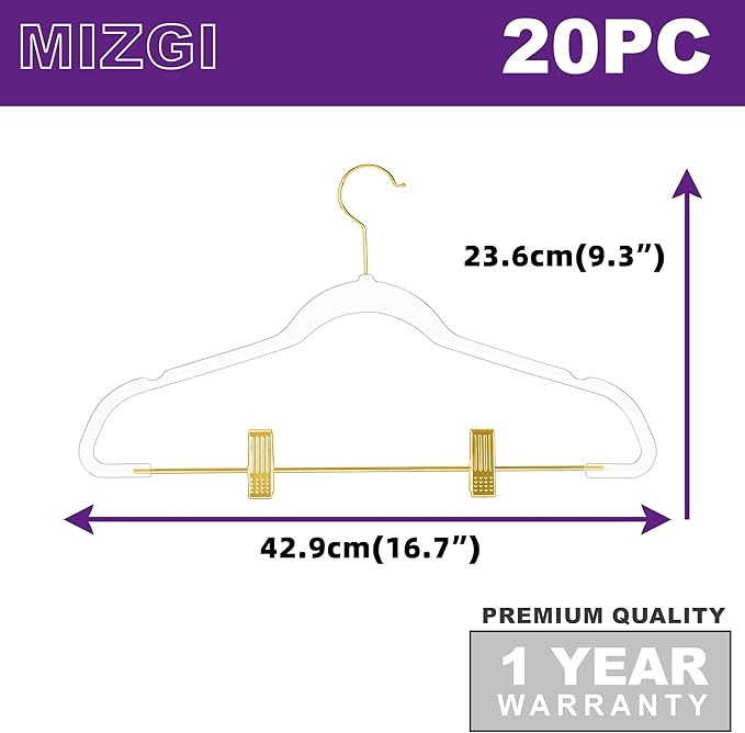 MIZGI Slim Clear Gold Pants & Skirt Hangers (20 Pack) – Adjustable Clips & Hooks, Transparent Non-Felt, Space-Saving for Dresses, Shirts, Blouses
