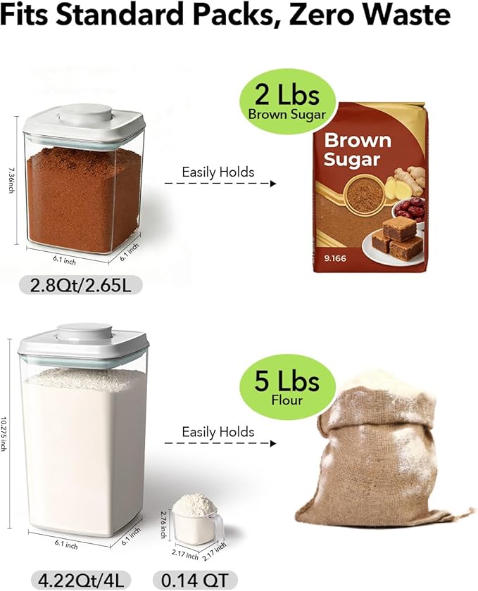 EQI Airtight Food Storage Container with One-Touch Lid, 4.22 QT / 4.0 L Stackable Durable BPA-Free PET for Flour, Sugar, Cereal & Kitchen Pantry Organization.