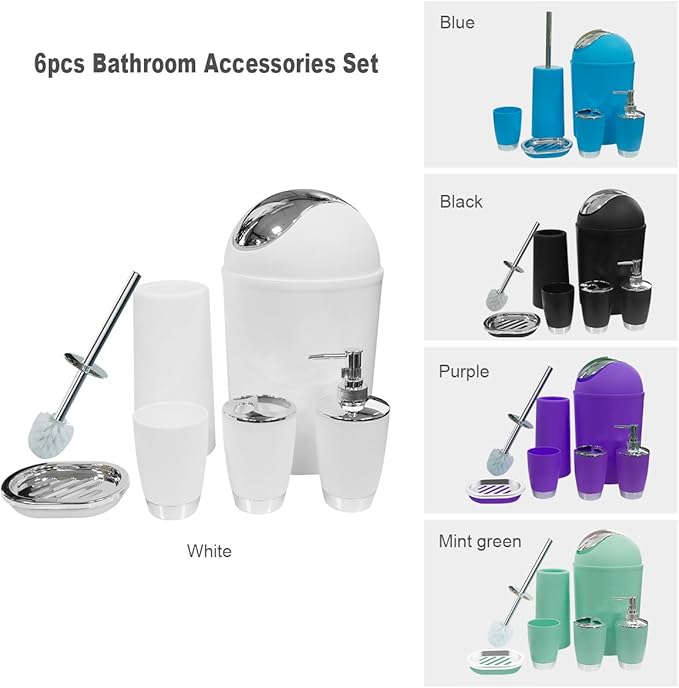 Bathroom Accessories Set, 6-Piece Plastic Gift Set, Toothbrush Holder, Toothbrush Cup, Soap Dispenser, Soap Dish, Toilet Brush Holder, Trash Can (White)