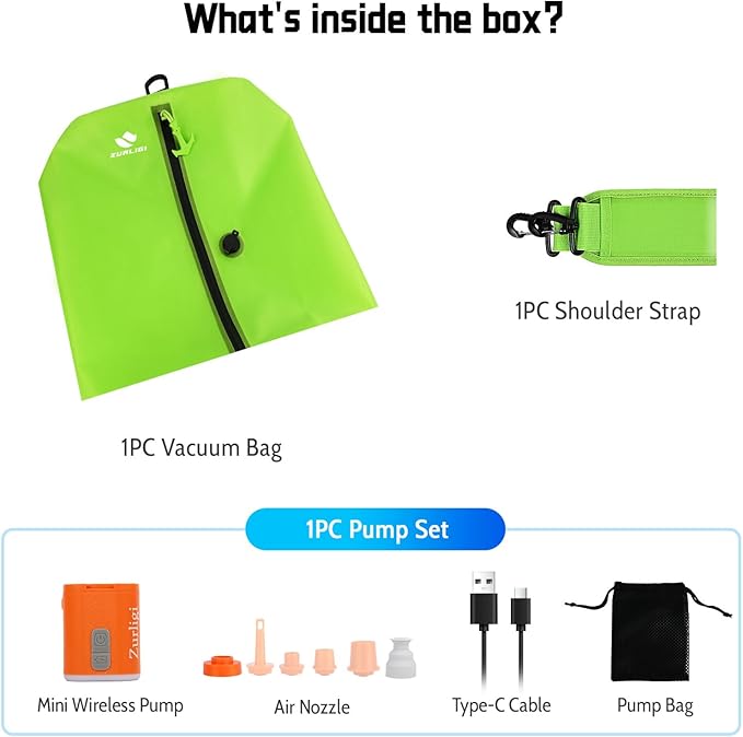 Zurligi Vacuum Bags with Pump for Travel – IPX8 Waterproof Reusable Carry-On Compression Bags for Clothes, Suitcase & Luggage(1-Pack, Green)