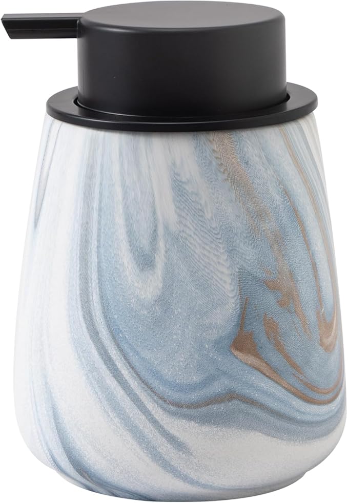 12Oz Ceramic Liquid Soap Dispenser - Modern Lotion Hand Soap Dispenser with Easy-to-Press Black Pump, Reusable and Refillable Dish Soap Dispensers for Bathroom & Kitchen, Marble Blue