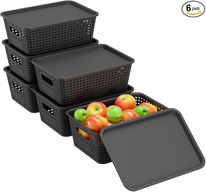 6-Pack Plastic Storage Bins with Lids, Stackable Organizer Baskets & Containers for Pantry, Kitchen, Cabinet, Closet, Bathroom Organization Toys, Space Saving, Easy-Carry Handles,Black