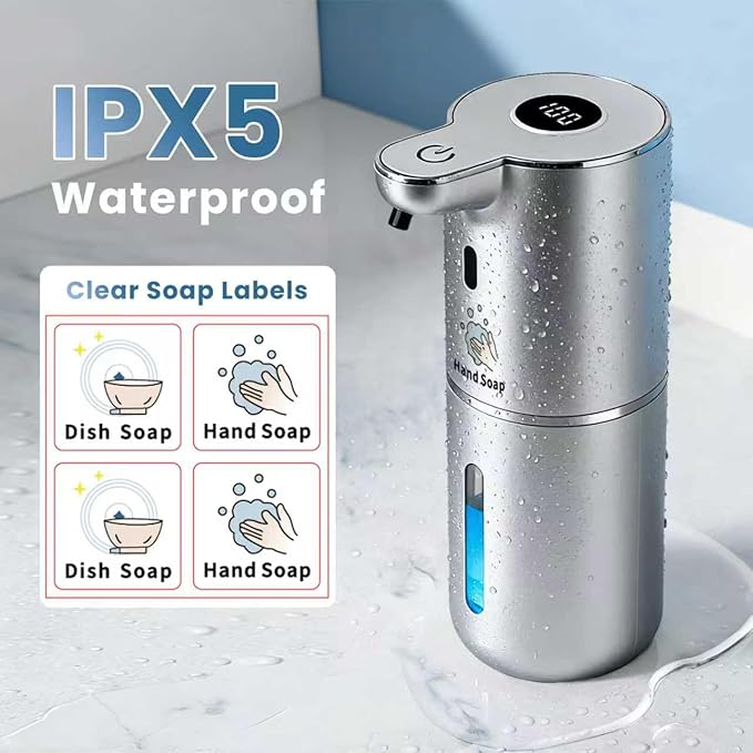 Automatic Soap Dispenser, Touchless Liquid Soap Dispensers, USB Rechargeable, 6-Level Adjustable Volume Control, 12.8oz/380ml, Wall Mount for Kitchen, Bathroom, Free Liquid Dispenser Stickers (Silver)