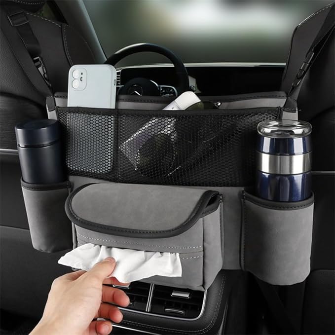 Car Organizer, Blue, Rectangular, 2 Compartments, Faux Leather, Portable, Car Seat Storage Organizer, CADDY, Hanging Mount, Car Organization