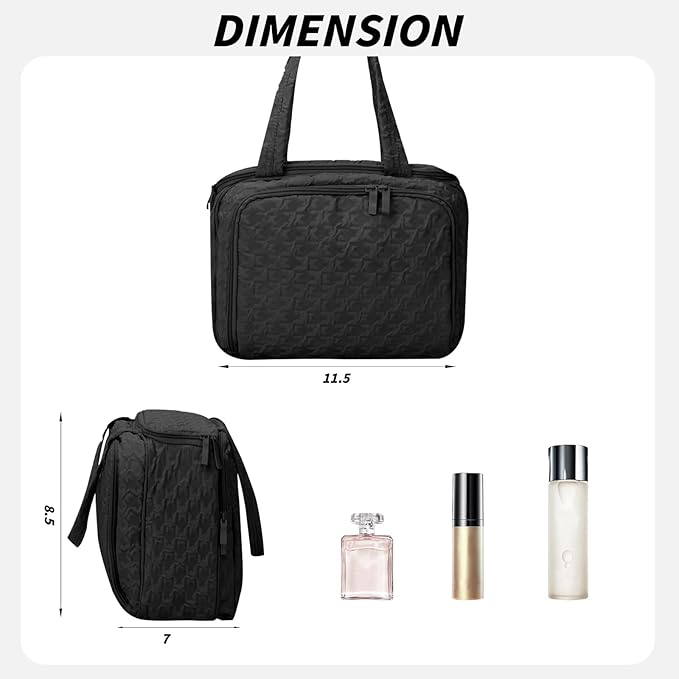 SUNRISING Travel Toiletry Bag, Lightweight Large Wide-open Travel Bag for Women, Puffy Cosmetic Makeup Bag Organizer with Handle for Accessories Essentials Toiletries - Black
