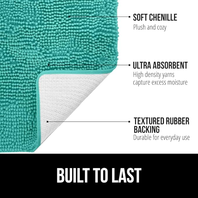 GORILLA GRIP Plush Absorbent Shaggy Chenille Bath Rug Mat for Oval Toilet Base with Rubber Backing, Machine Washable Rugs, Soft Microfiber Contour Mats for Toilets, Bathroom Decor, Turquoise