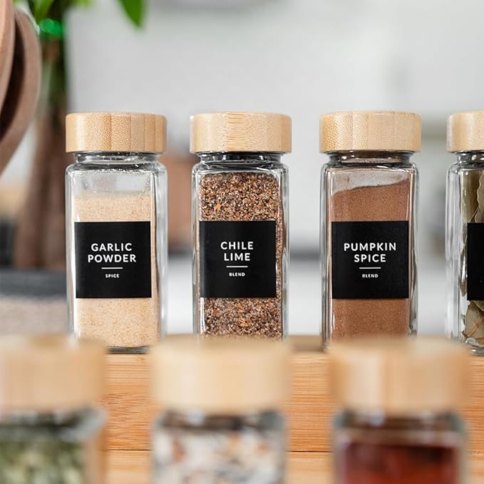 SAVVY & SORTED Square Spice Labels, 374 Preprinted Organizing Waterproof Stickers Designed for Spices Storage Glass Jars Bottles for Herbs Seasonings, Kitchen Pantry Organization
