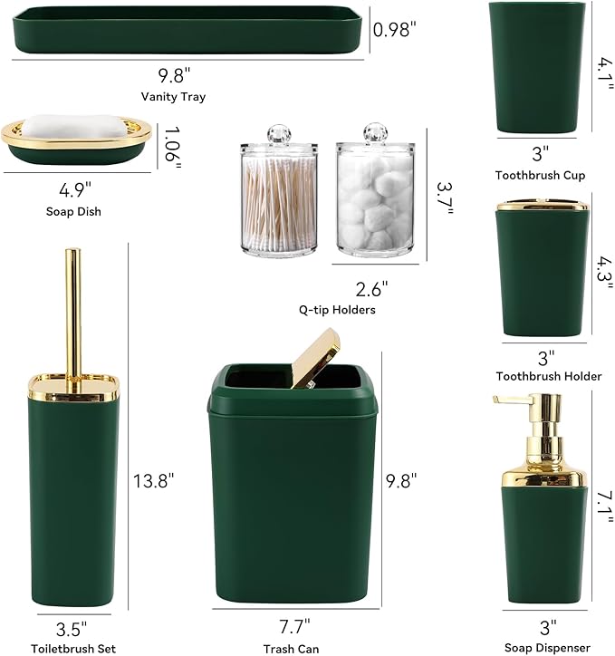 Bathroom Accessories Set, Green Bathroom Set, Dark Green Bathroom Accessory Set with Trash Can, Soap Dispenser, Soap Dish, Toothbrush Holder and Q-tip Holders