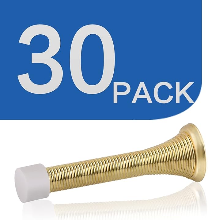 HOMOTEK 30 Pack Spring Door Stopper with Rubber Bumper 3-1/8" Flexible Spring Heavy Duty Wall Door Stop Low Mounted Door Bumper for Home (Bright Brass)