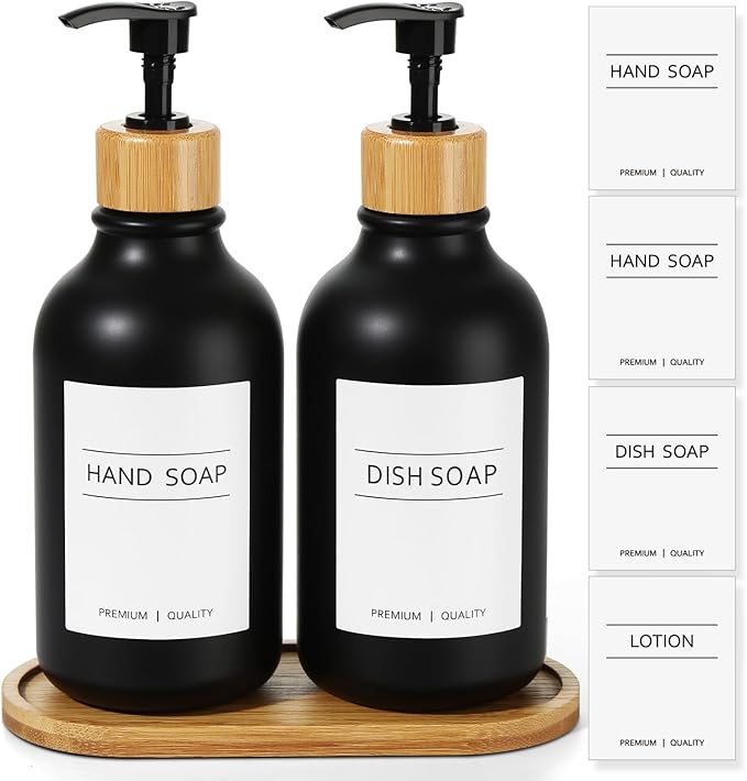 Hand and Dish Soap Dispenser Set, Plastic Kitchen Soap Dispenser Set with Bamboo Tray, 17 Fl Oz Black Soap and Lotion Dispensers Sets with 4 Pack Labels for Kitchen & Bathroom Countertop