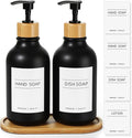 Hand and Dish Soap Dispenser Set, Plastic Kitchen Soap Dispenser Set with Bamboo Tray, 17 Fl Oz Black Soap and Lotion Dispensers Sets with 4 Pack Labels for Kitchen & Bathroom Countertop
