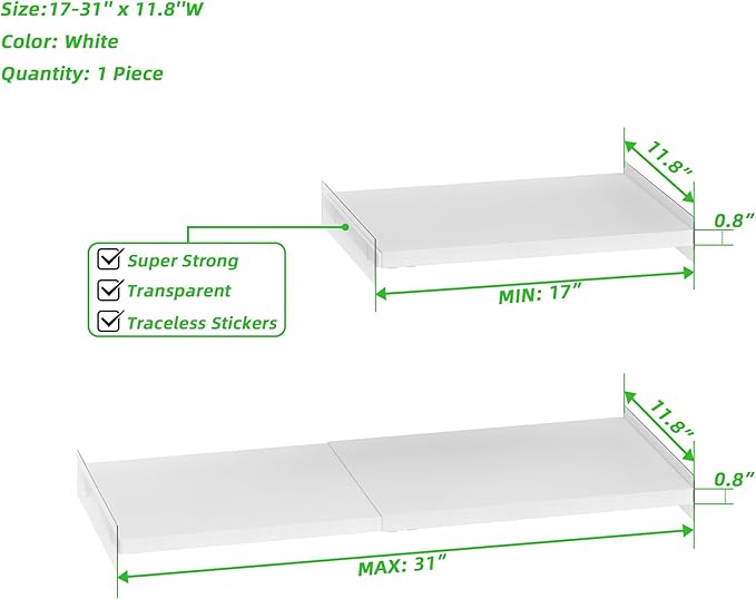 SANNO Expandable Closet Shelf Organizer, 17-31" Tension Shelf - DIY Expandable Shelf Dividers for Cabinet, Pantry, Wardrobe, Kitchen, Space-Saving Organizer, 1 Pack