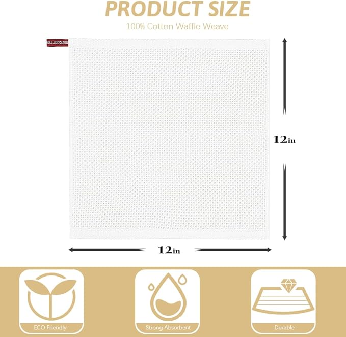 Nialnant 100% Cotton Dish Cloths for Washing Dishes, 4 Pack Waffle Weave Dish Towels,Super Soft Absorbent Cleaning Rags-White,12x12 Inch